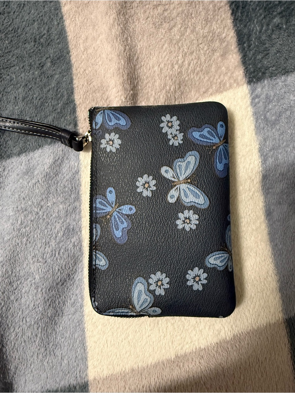 Black Wristlet Clutch with Blue Butterfly Print